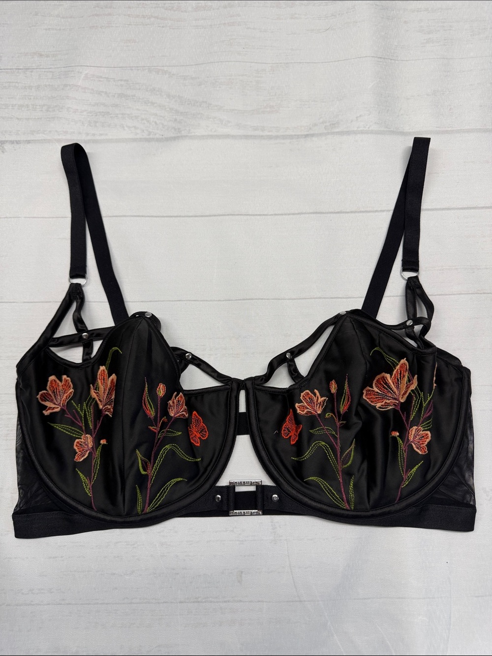 Thistle and Spire Black Satin Floral Embroidered Cage Strap Mesh Back Bra 2X